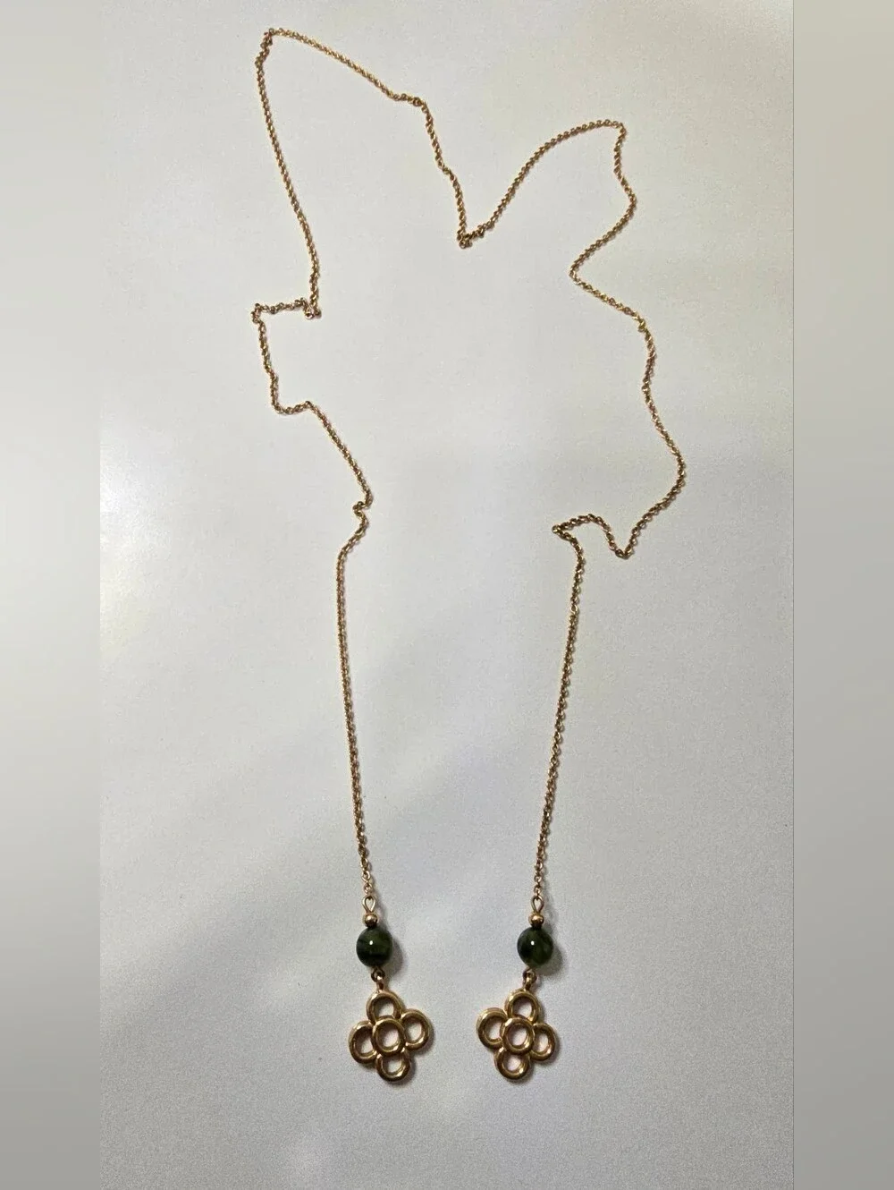 Vintage Gold Clover Jade Stone Lariat Necklace